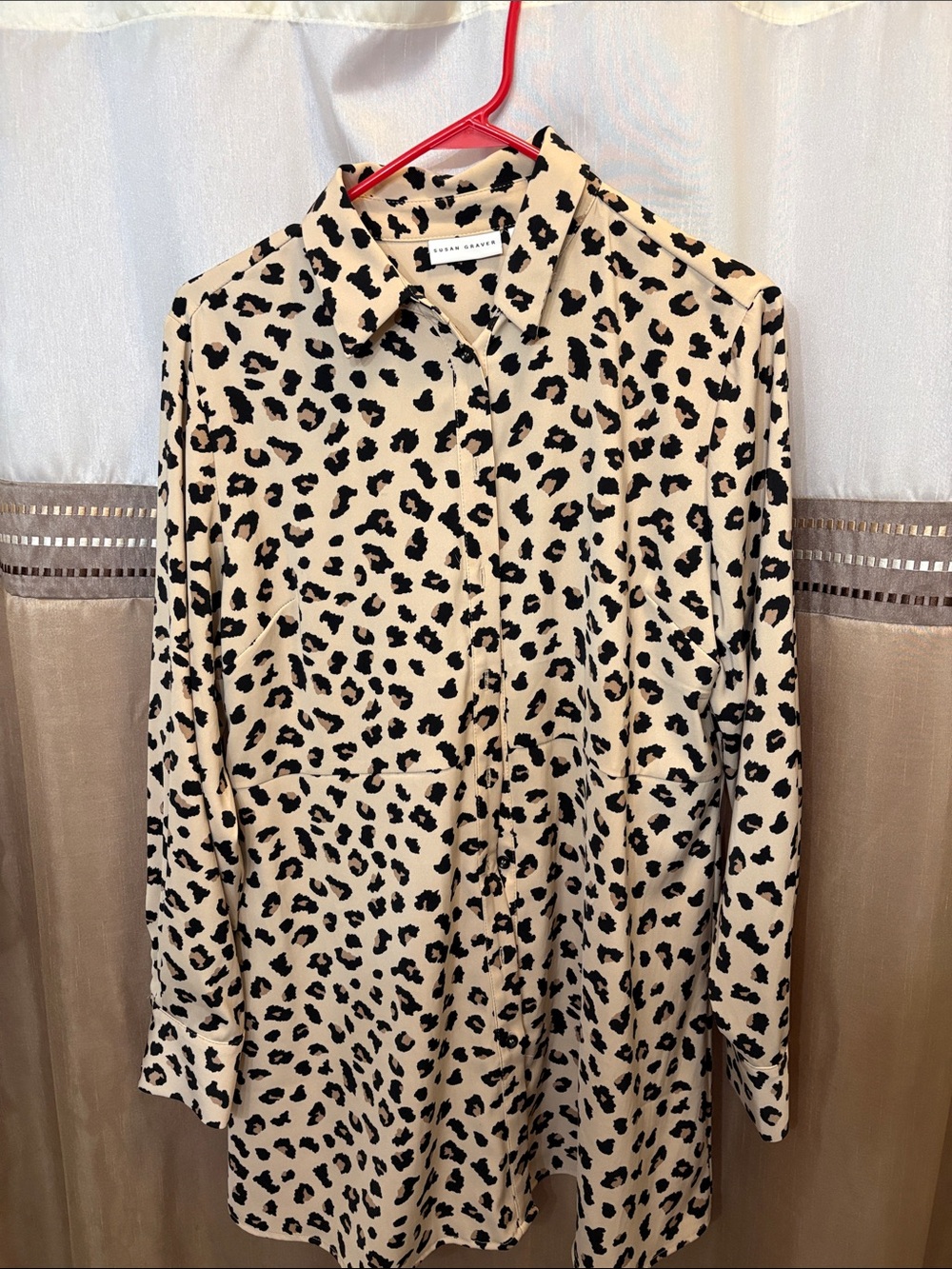 Susan Graver Beige and Black Leopard Print Button-Down Shirt